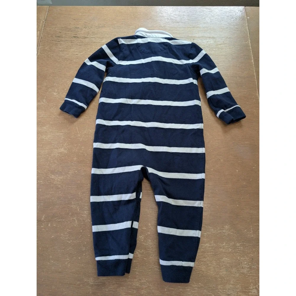 Ralph Lauren Baby Boy Navy White Striped Rugby Romper Coverall 12M Pony Logo
